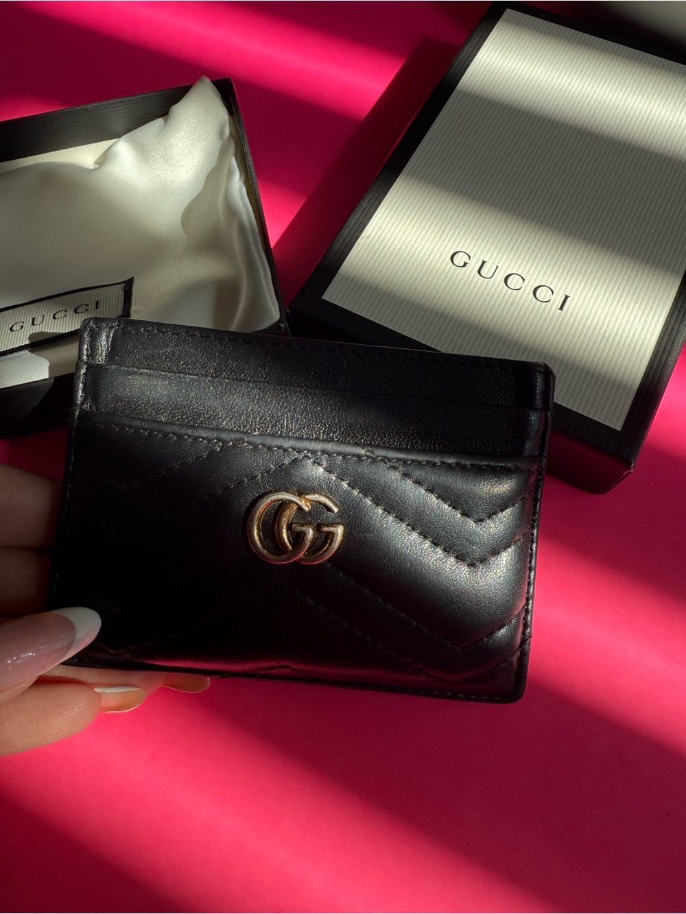 Gucci Black Quilted Leather GG Card Holder with Gold Hardware
